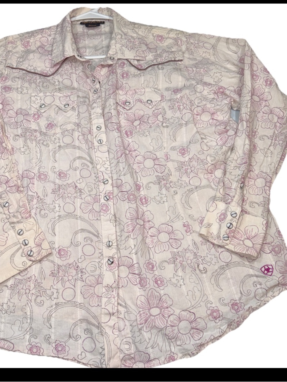 Ariat Pink Floral Embroidery Western Shirt Pearl Snap Long Sleeves Women’s XL